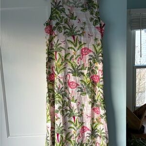 Charter Club Pink Tropical Flamingo Print Linen Maxi Dress Vacation Resort Wear
